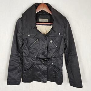 Andrew Marc Moto Jacket Women S Black Belted Zippers Trench Warm Lining Hood